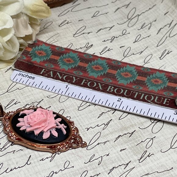 Gothic Steampunk Halloween Rose Gold Necklace Black Pink Rose Cameo Jewelry - Picture 8 of 11